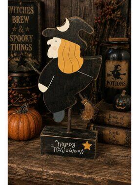 10" Witch Indoor Decor Haunted Spooky Prop Country Style Wooden Happy Halloween